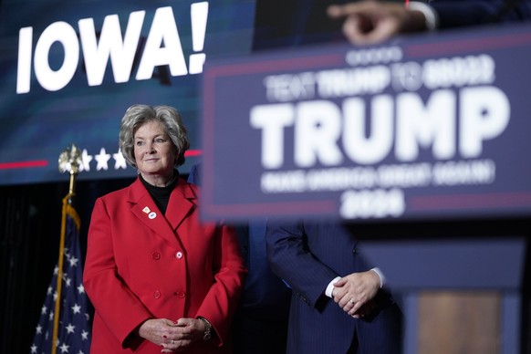 Susie Wiles watches as Republican presidential candidate former President Donald Trump speaks at a caucus night party in Des Moines, Iowa, Monday, Jan. 15, 2024. (AP Photo/Andrew Harnik)