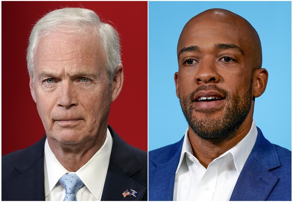 This combination of photos shows Sen. Ron Johnson, R-Wis., left, and Democratic Senate candidate and challenger Mandela Barnes before a televised debate on Oct. 7, 2022, in Milwaukee. (AP Photo/Morry ...