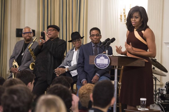 First Lady Michelle Obama delivers remarks at the International Jazz Day celebration at the White House in Washington D.C. on April 29, 2016. The First Lady welcomed high school students from around t ...