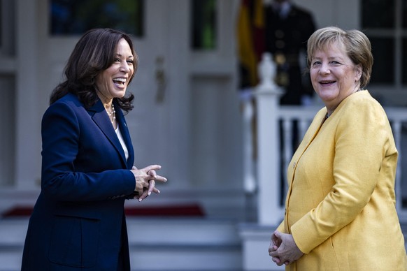 United States Vice President Kamala Harris welcomes Chancellor Dr. Angela Merkel of Germany to the Vice PresidentâÂÂs residence at One Observatory Circle for a working breakfast on Thursday, July 15 ...