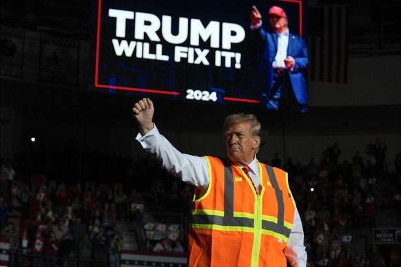 Republican presidential nominee former President Donald Trump gestures after speaking at a campaign rally at Resch Center, Wednesday, Oct. 30, 2024, in Green Bay, Wis. (AP Photo/Julia Demaree Nikhinso ...