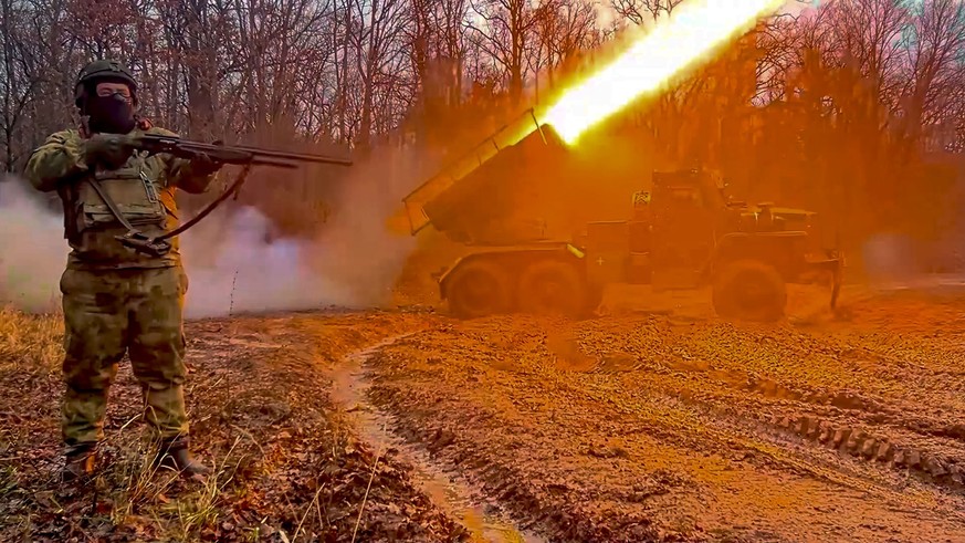 In this photo, taken from video and released by the Russian Defense Ministry Press Service on Thursday, Jan. 16, 2025, a Russian &quot;Grad&quot; self-propelled multiple rocket launcher fires towards  ...