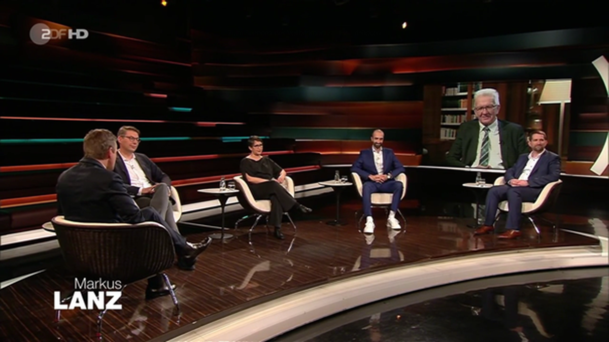 Die Gäste bei "MArkus Lanz" (v.l.n.r.): Markus Blume, Shakuntala Banerjee, Dr. Cihan Celik, Winfried Kretschmann und Prof. Thorsten Lehr.