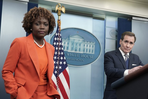 National Security Council Strategic Communications Coordinator John Kirby speaks during a press briefing with White House Press Secretary Karine Jean-Pierre at the White House in Washington, DC on Wed ...