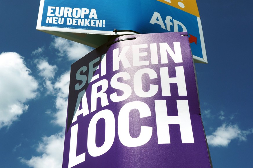 Dortmund, 14.5.2024: Ausschnitt aus Wahlplakaten zur Europawahl am 9.6.2024. Plakat der Afd Alternative für Deutschland, oben und der Partei Volt. *** Dortmund, 14 5 2024 Excerpt from election posters ...