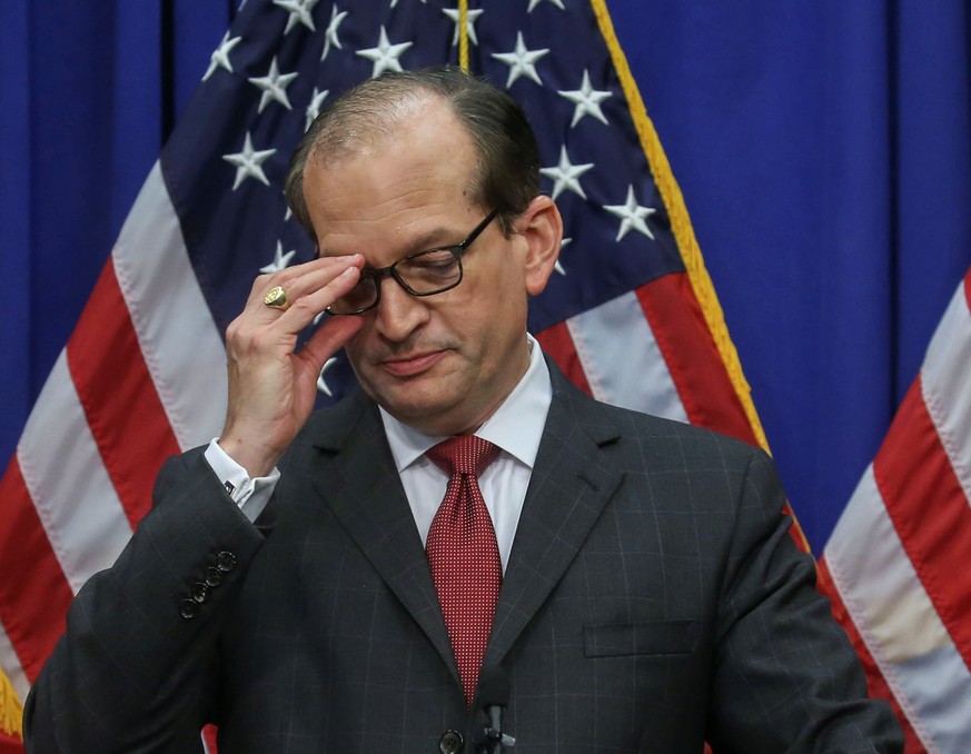 U.S. Labor Secretary Alexander Acosta makes a statement on his involvement in a non-prosecution agreement with financier Jeffrey Epstein, who has now been charged with sex trafficking in underage girl ...