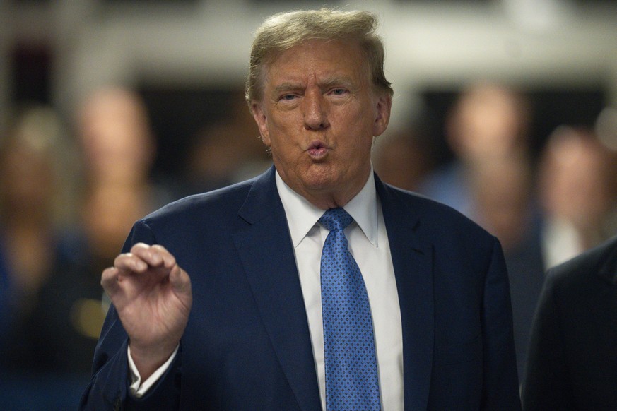 Former President Donald Trump speaks to reporters at Manhattan criminal court in New York, Monday, May 20, 2024. (Steven Hirsch/New York Post via AP, Pool)