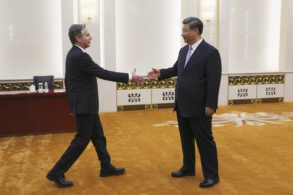 U.S. Secretary of State Antony Blinken meets with Chinese President Xi Jinping in the Great Hall of the People in Beijing, China, Monday, June 19, 2023. (Leah Millis/Pool Photo via AP)