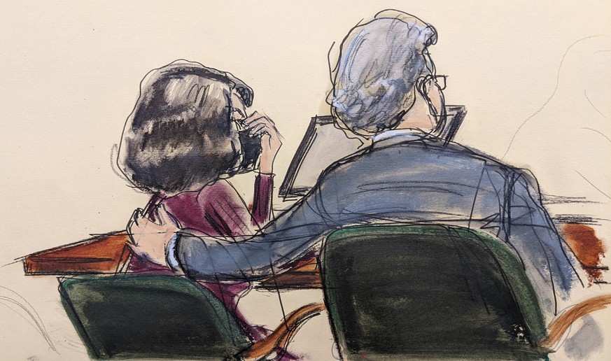 Diese Gerichtszeichnung zeigt Ghislaine Maxwell (l.) mit ihrem Anwalt Jeffrey Pagliuca, während die Geschworenen ihr Urteil verkünden.