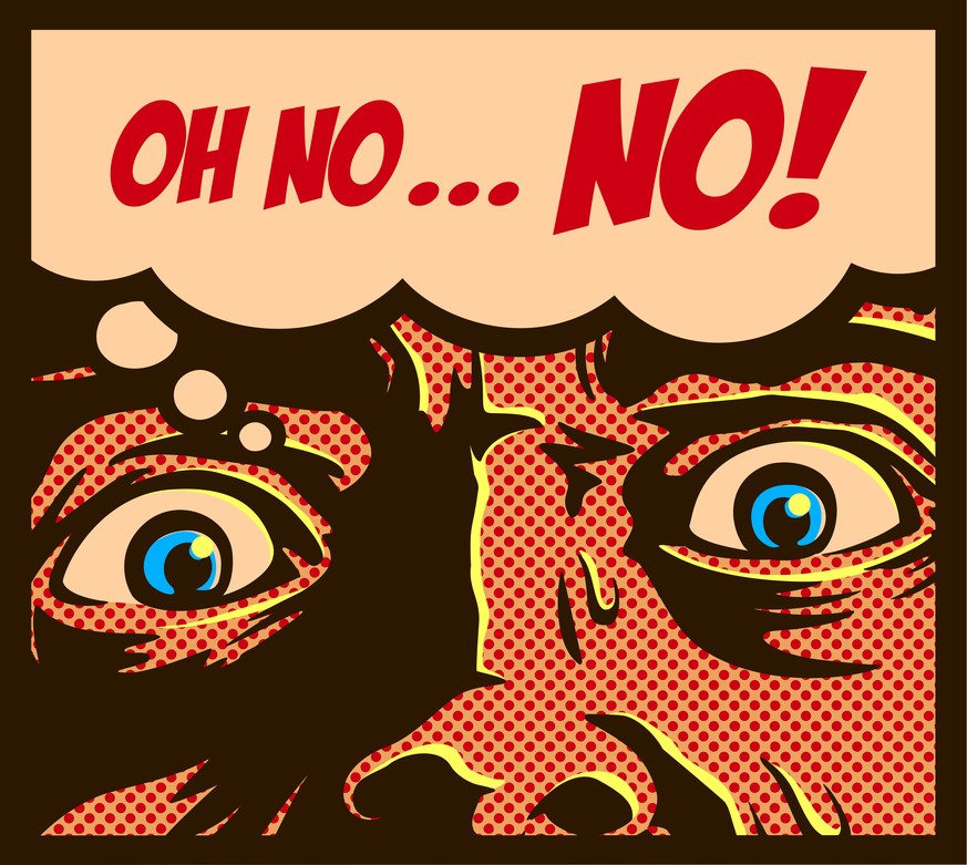 Pop art comic book panel with man in a panic with terrified eyes and face staring at something shocking or dreadful vector illustration