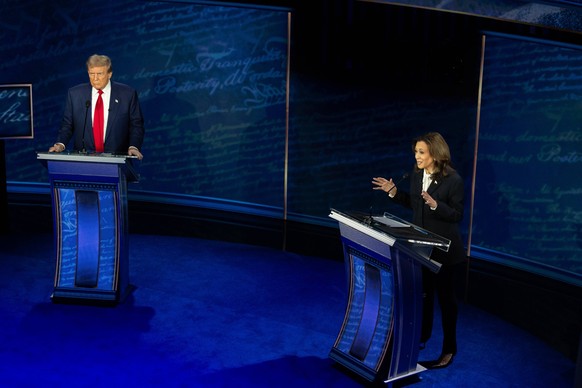 September 10, 2024, Philadelphia, Pennsylvania, USA: L-R Former President DONALD TRUMP and Vice President KAMALA HARRIS on stage during the ABC News Presidential Debate. Philadelphia USA - ZUMA 202409 ...