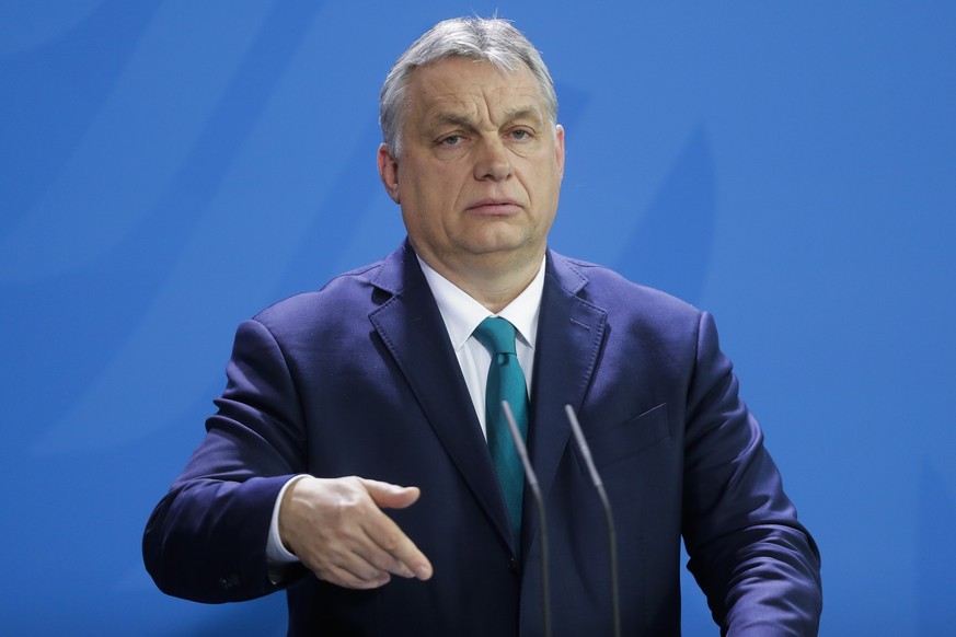 FILE - Hungary&#039;s Prime Minister Victor Orban briefs the media in Berlin, Germany, Monday, Feb. 10, 2020. Orban on Tuesday, Feb. 28, 2023, thanked Egypt for its role in capping Europe-bound migrat ...