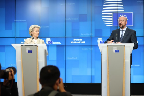 BRUSSELS, BELGIUM - MAY 31: European Council President Charles Michel and European Commission President Ursula von der Leyen hold a press conference after EU Leaders&#039; Summit in Brussels, Belgium  ...