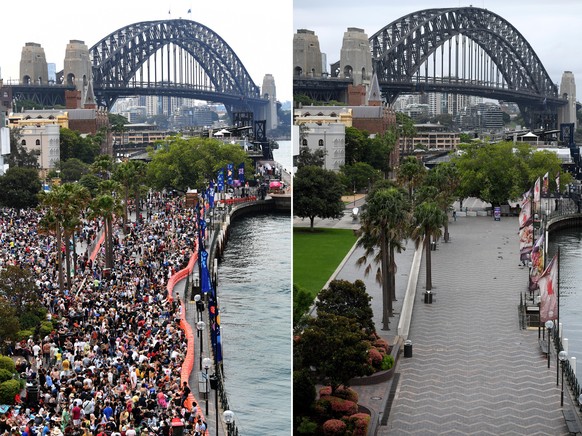 Der Circular Quay, auf dem sich die Menschen in Sydney normalerweise das Feuerwerk anschauen, letztes Jahr im Vergleich zu diesem Jahr.