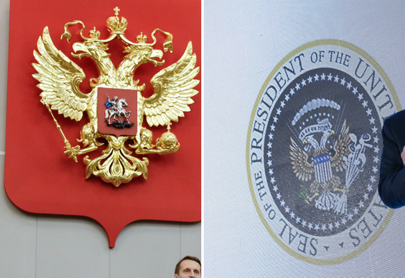 Links das Wappen der Russischen Förderation. Rechts das manipulierte Siegel. 