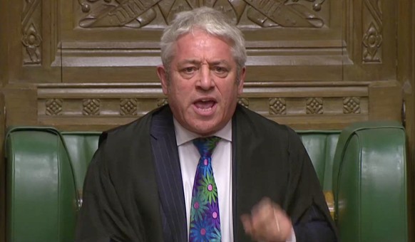 Speaker of the House John Bercow speaks during a confidence vote debate after Parliament rejected Prime Minister Theresa May's Brexit deal, in London, Britain, January 16, 2019, in this screen gr ...