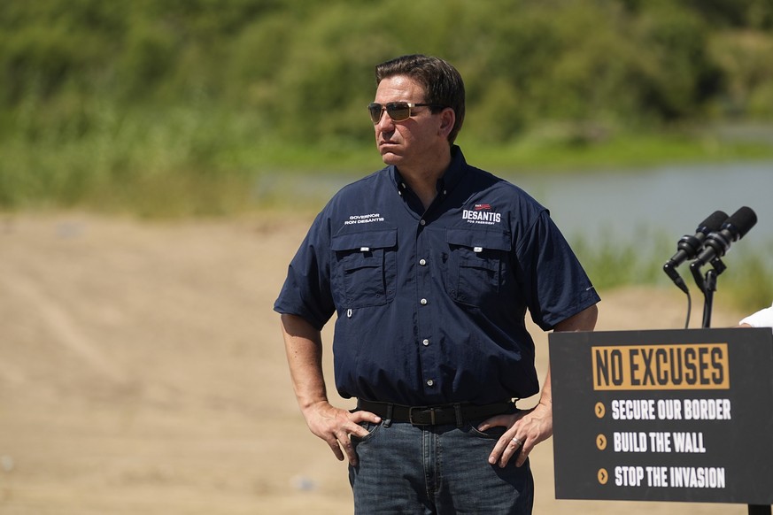 Republican presidential candidate Florida Gov. Ron DeSantis waits to speak at a news conference along the Rio Grande near Eagle Pass, Texas, Monday, June 26, 2023. (AP Photo/Eric Gay)