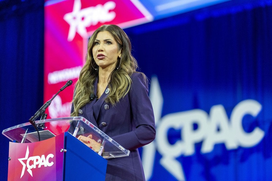 South Dakota Gov. Kristi Noem speaks during the Conservative Political Action Conference, CPAC 2024, at the National Harbor, in Oxon Hill, Md., Friday, Feb. 23, 2024. (AP Photo/(AP Photo/Alex Brandon)