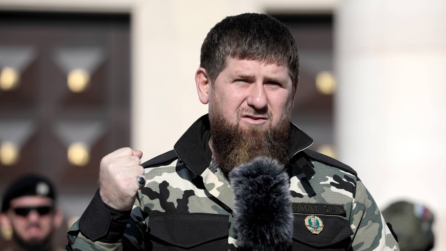 GROZNY, CHECHEN REPUBLIC, RUSSIA - MARCH 29, 2022: Ramzan Kadyrov, head of the Chechen Republic, speaks during a review of the Chechen Republic s troops and military hardware at his residence. Early o ...