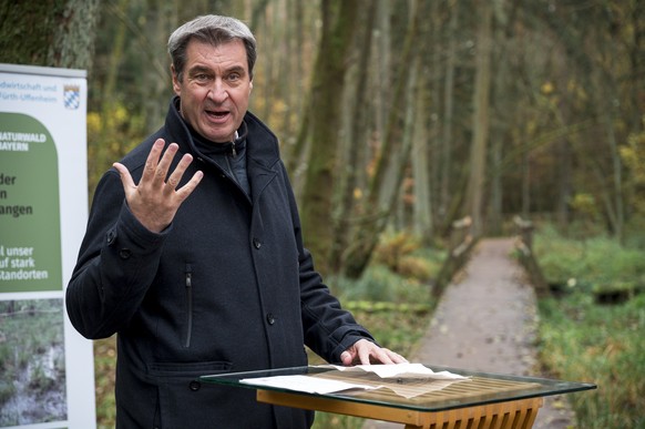 04.11.2022, Bayern, Nürnberg: Markus Söder (CSU), Ministerpräsident des Freistaats Bayern, spricht über die neuen Waldgebiete im Reichswald, die als Naturwälder unter besonderen Schutz gestellt werden ...
