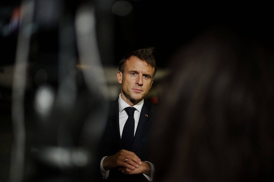 Macron Departs Cairo French President Emmanuel Macron answers journalist s questions on the tarmac of Cairo airport, prior to his departure, on October 25, 2023. Macron, the latest Western leader in t ...
