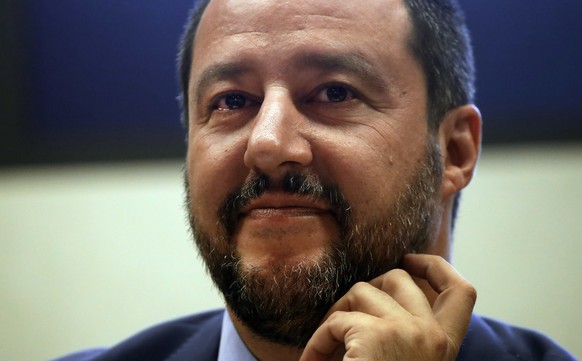 Italian Interior Minister Matteo Salvini listens to a reporter&#039;s question during a joint press conference with his Austrian counterpart Herbert Kickl, and Austrian Minister for the Civil Service  ...