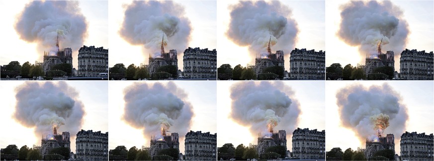 In this combination of photos, flames and smoke rise as the spire on Notre Dame Cathedral collapses during a fire in Paris, Monday, April 15, 2019. (AP Photo/Diana Ayanna)