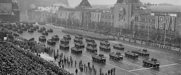 Moscow, USSR. The view shows division of motorized rifle troops on armored personnel carriers BTR-60PA at the military parade dedicated to the 54th anniversary celebrations of the Great October Social ...