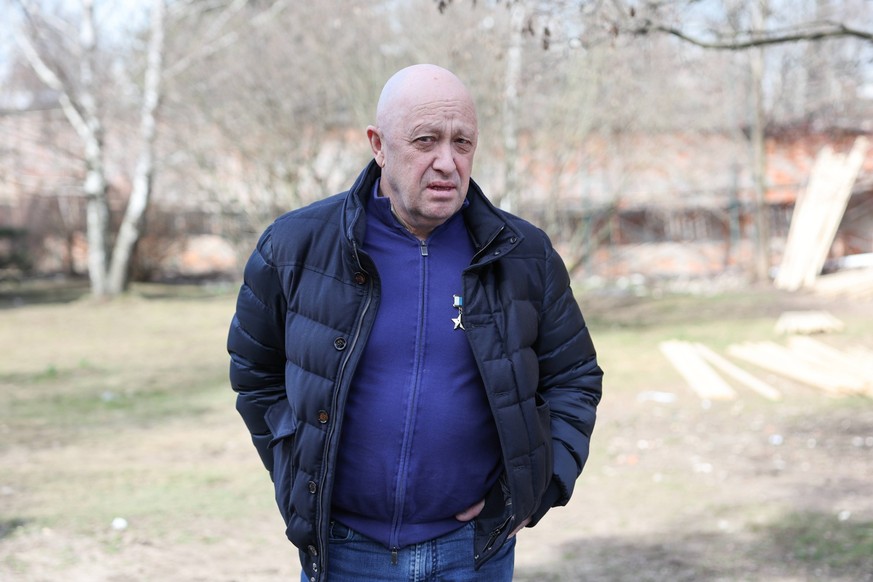 RUSSIA, MOSCOW - APRIL 8, 2023: PMC Wagner founder Yevgeny Prigozhin arrives for a farewell ceremony for the late war correspondent Vladlen Tatarsky Maxim Fomin at the Troyekurovskoye Cemetery. Tatars ...