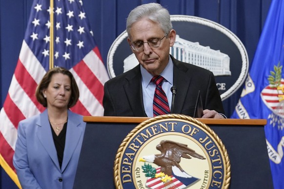 Attorney General Merrick Garland prepares to leave after speaking at the Department of Justice in Washington, Thursday, April 13, 2023. Garland announced that a Massachusetts Air National Guard member ...