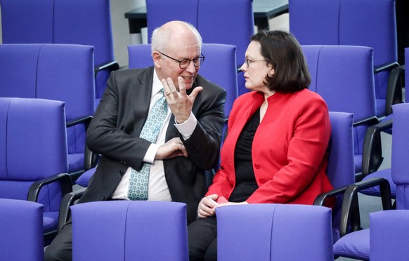 CDU-Fraktionsvorsitzender Kauder mit Andrea Nahles (SPD).