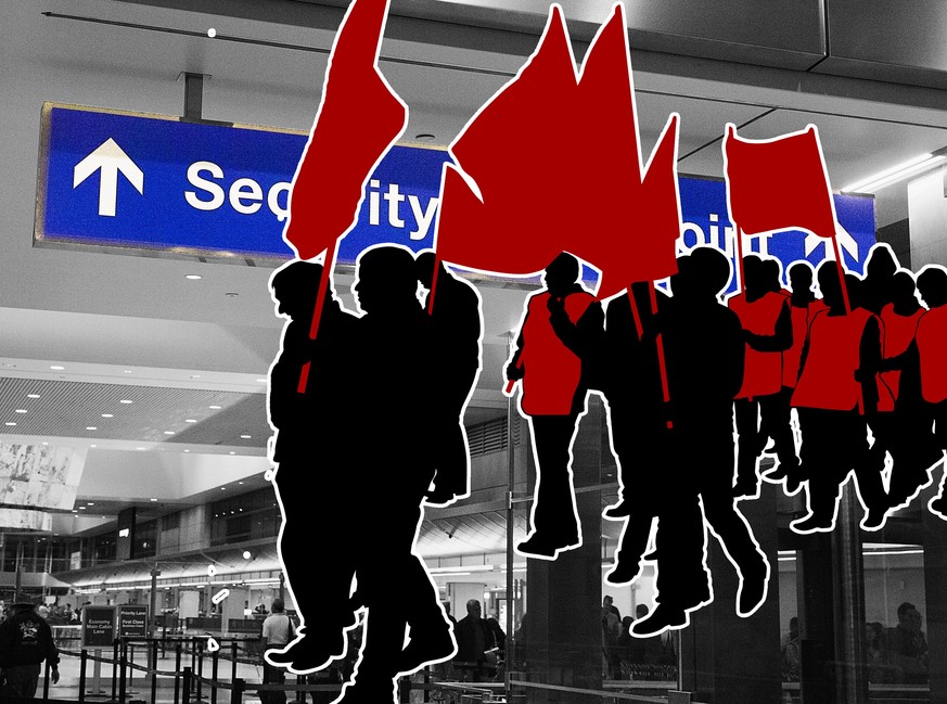 Los Angeles, California, USA- Airport Sign at the entrance of the security checkpoint in LAX airport with People waiting in line.