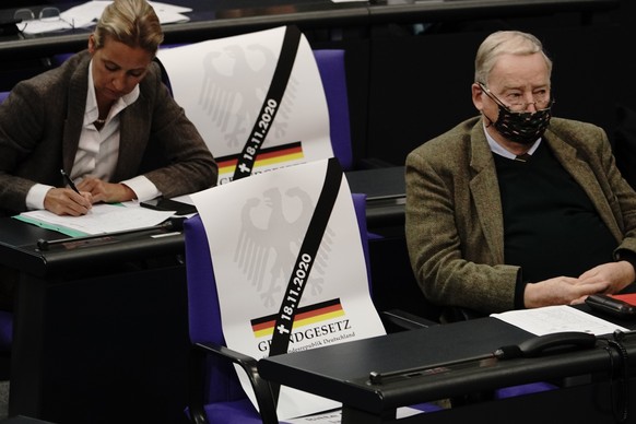 18.11.2020, Berlin: Abgeordnete der AfD, u.a. Alexander Gauland und Alice Weidel, haben Plakate mit der Aufschrift Grundgesetz und dem heutigen Datum in der Debatte vor der Verabschiedung der �nderung ...