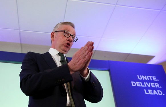 Britain's Environment Secretary Michael Gove gestures as he speaks at the launch of his campaign for the Conservative Party leadership, in London, Britain June 10, 2019. REUTERS/Simon Dawson