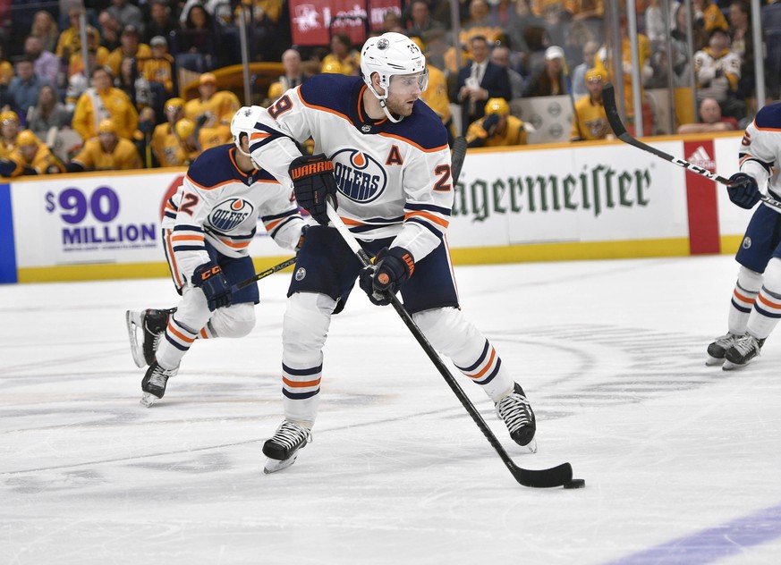 March 2, 2020, Nashville, TN Edmonton Oilers center Leon Draisaitl 29 skates against the Nashville Predators during the second period between the Edmonton Oilers and the Nashville Predators at Bridges ...