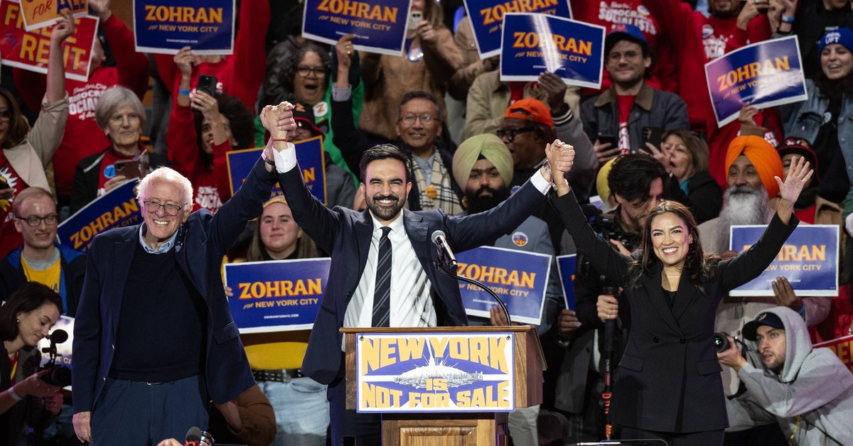 New York is not for sale rally Senator Bernie Sanders, mayoral candidate Zohran Mamdani, Congresswoman Alexandria Ocasio-Cortez on stage during New York is not for sale rally at Forest Hill Stadium in ...