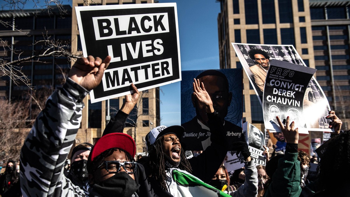 March 8, 2021, Minneapolis, Minnesota, USA: MINNEAPOLIS, MN - MARCH 08: General view of the protests during the civil rights march outside the Hennepin County Government Center on March 8, 2021 in Min ...