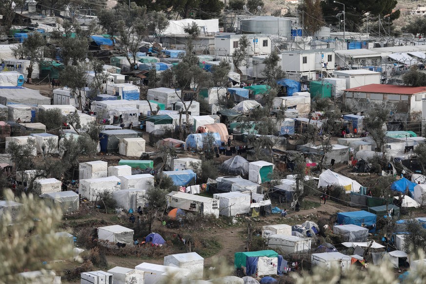February 28, 2020, Moria Lesvos, Greece: A temporary tent camp near the camp in Moria. Refugees began converging on Turkey s border with Greece seeking entry into Europe after Turkey said it was no lo ...