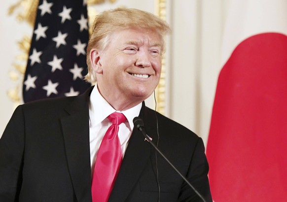 Trump in Japan U.S. President Donald Trump attends a joint press conference with Japanese Prime Minister Shinzo Abe at the State Guest House in Tokyo on May 27, 2019. (Pool photo) PUBLICATIONxINxGERxS ...