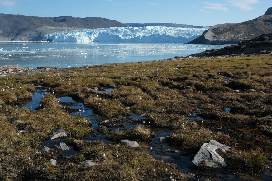 EQIP SERMIA, GREENLAND - AUGUST 01: Water from the Greenland ice sheet flows through heather and peat as the Eqip Sermia Glacier stands behind during unseasonably warm weather on August 01, 2019 at Eq ...