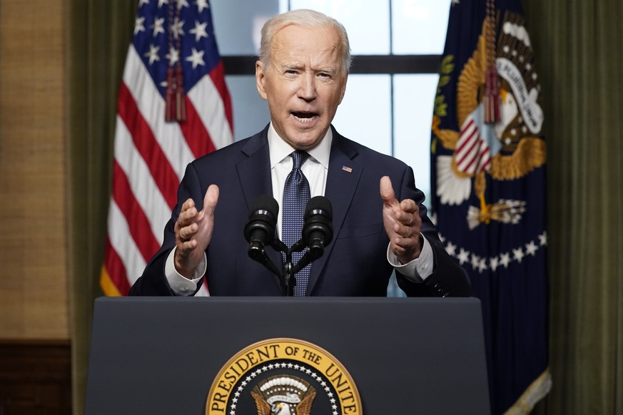 FILE - In this April 14, 2021 file photo, President Joe Biden speaks from the Treaty Room in the White House, about the withdrawal of the remainder of U.S. troops from Afghanistan. The Taliban on Wedn ...