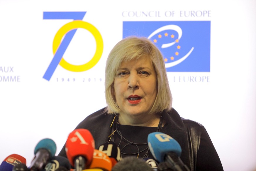 SARAJEVO, BOSNIA AND HERZEGOVINA - DECEMBER 6: Council of Europe Commissioner for Human Rights Dunja Mijatovic holds a press conference in Sarajevo, Bosnia and Herzegovina on December 6, 2019. Samir Y ...