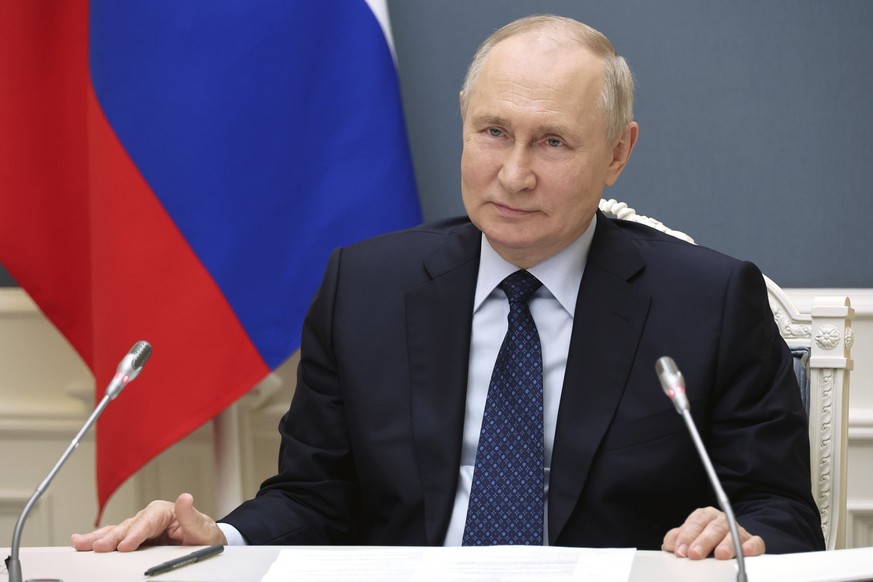 Russia&#039;s President Vladimir Putin holds a video conference meeting on social and economic development of Russia&#039;s Krasnoyarsk Region, in Moscow, Russia, Thursday, Aug. 31, 2023. (Mikhail Kli ...