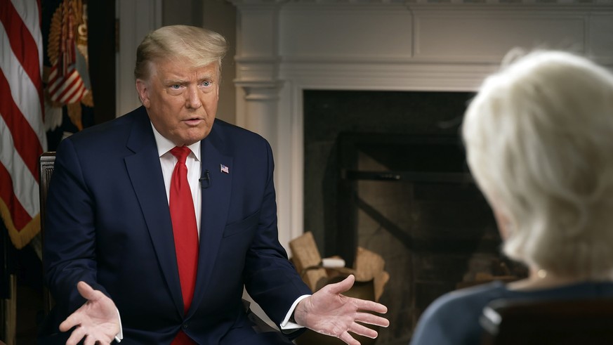In this image provided by CBSNews/60 MINUTES, President Donald Trump speaks during an interview conducted by Lesley Stahl in the White House, Tuesday, Oct. 20, 2020. CBS' pioneering newsmagazine is co ...