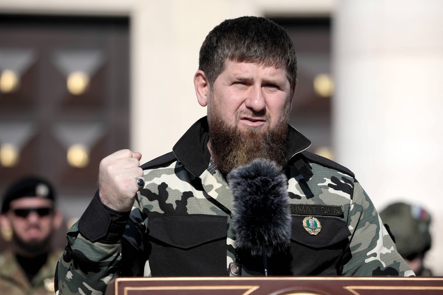 GROZNY, CHECHEN REPUBLIC, RUSSIA - MARCH 29, 2022: Ramzan Kadyrov, head of the Chechen Republic, speaks during a review of the Chechen Republic s troops and military hardware at his residence. Early o ...