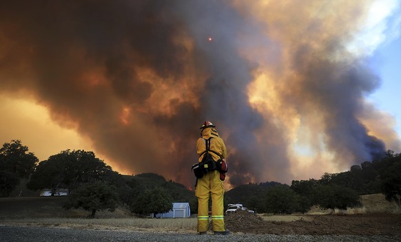 A tower of smoke pours from Cow Mountain as Burney, California firefighter Bob May keeps a watch on surrounding vegetation for spot fires during a wildfire off Scotts Valley Road, Thursday, Aug. 2, 20 ...