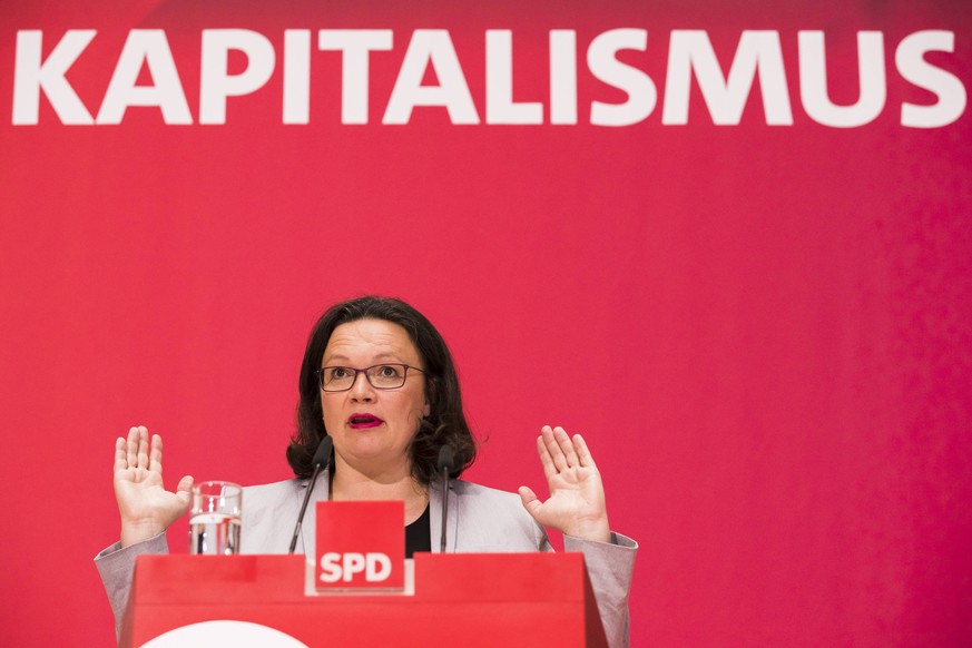 June 13, 2018 - Berlin, Germany - Chairwoman of the German Social Democratic party (SPD) Andrea Nahles speaks during an event regarding Solidarity and Digital Capitalism at Willy-Brandt-Haus in Berlin ...