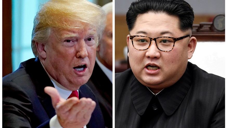 FILE PHOTO: A combination photo shows U.S. President Donald Trump and North Korea leader Kim Jong Un in Washignton, DC, U.S. May 17, 2018 and in Panmunjom, South Korea, April 27, 2018 respectively. RE ...