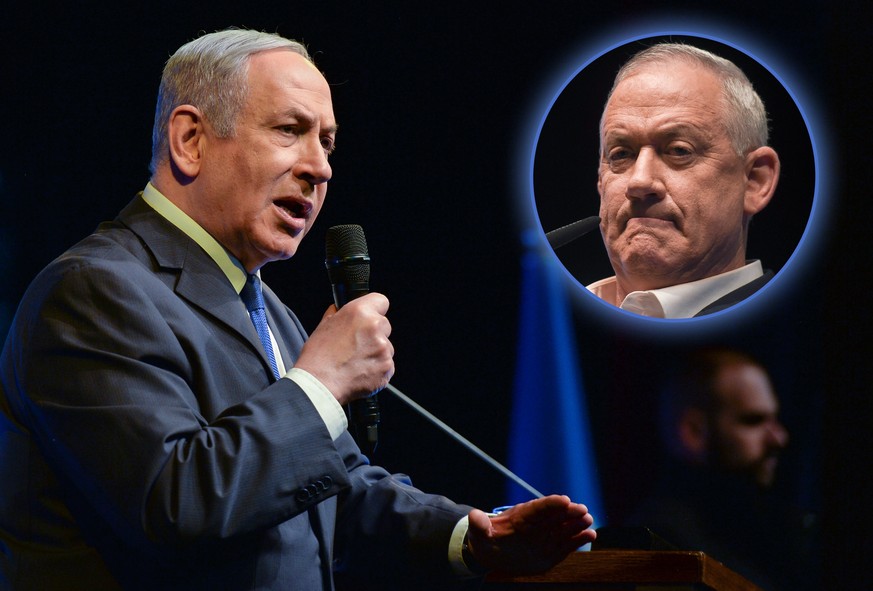 Der israelische Ministerpräsident Benjamin Netanjahu (l.) und Benny Gantz (rundes Bild). 