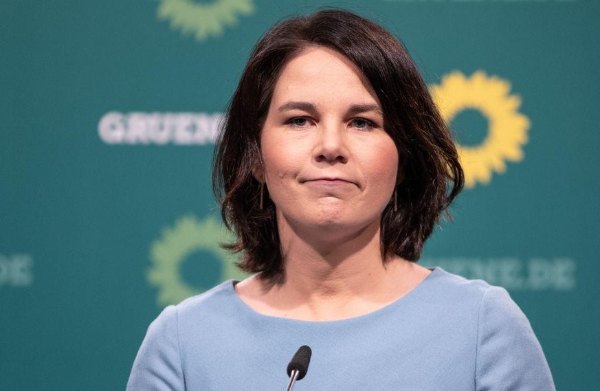 BERLIN, GERMANY - MAY 17: Greens Party Chancellor Candidate and Party Chairwoman Annalena Baerbock gives a press statement at the Heinrich-Böll-Stiftung on May 17, 2021 in Berlin, Germany. (Photo by A ...